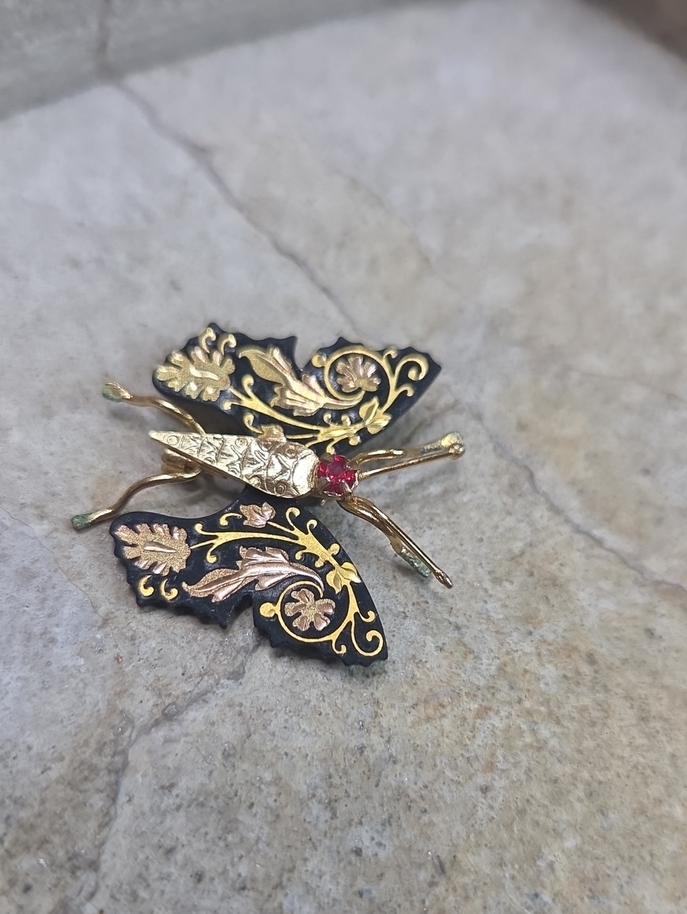 Vintage Toledo Damascene Bee Butterfly Moth Brooch 24k gold plate black Enamel